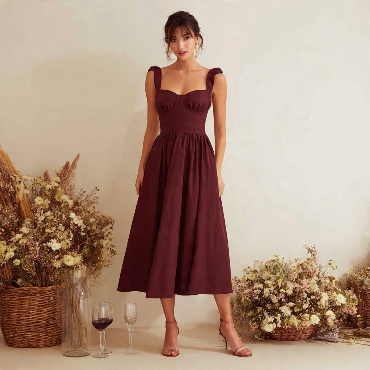 wine square neck fit and flare midi dress with coz