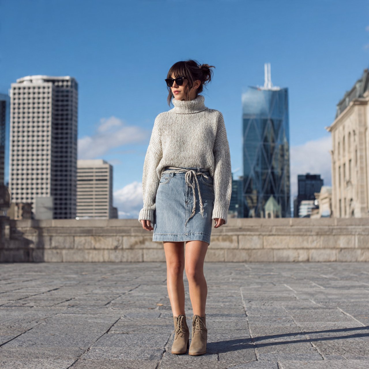 wool turtleneck denim skirt 1