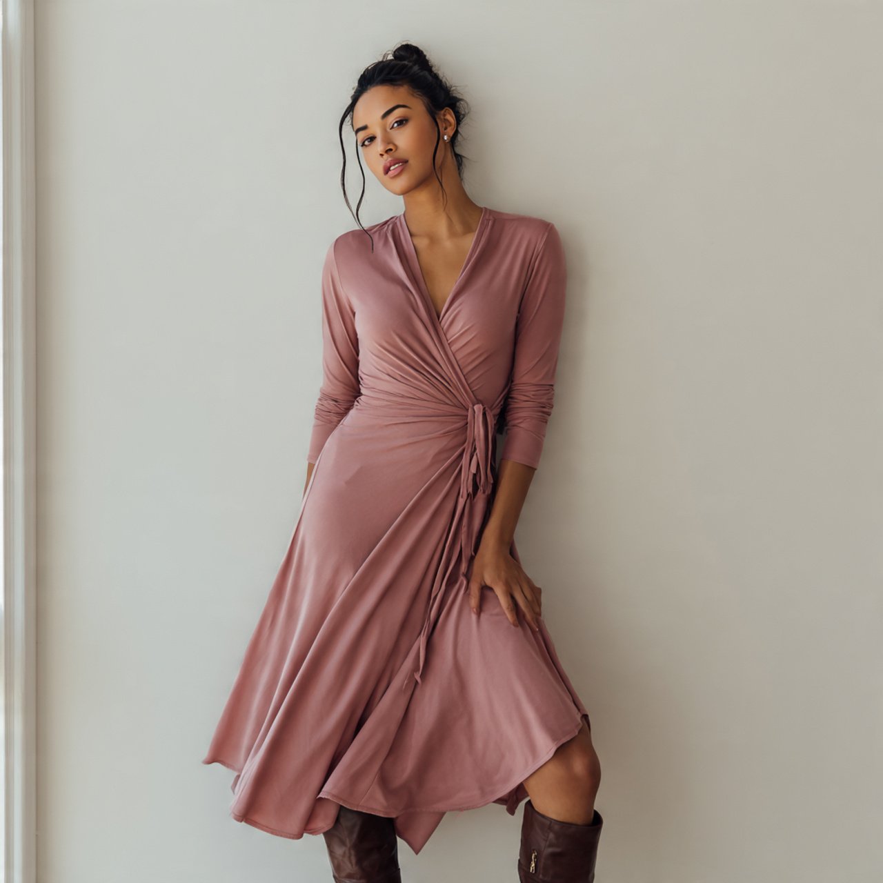 wrap front matte jersey midi with cozy background 1