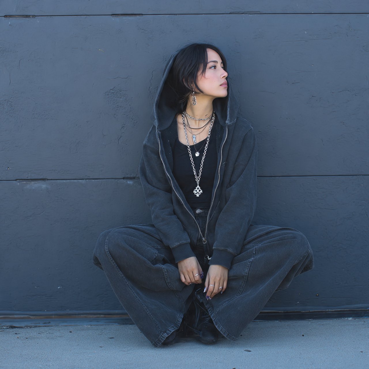 zip up hoodie wide leg jeans simple jewelry