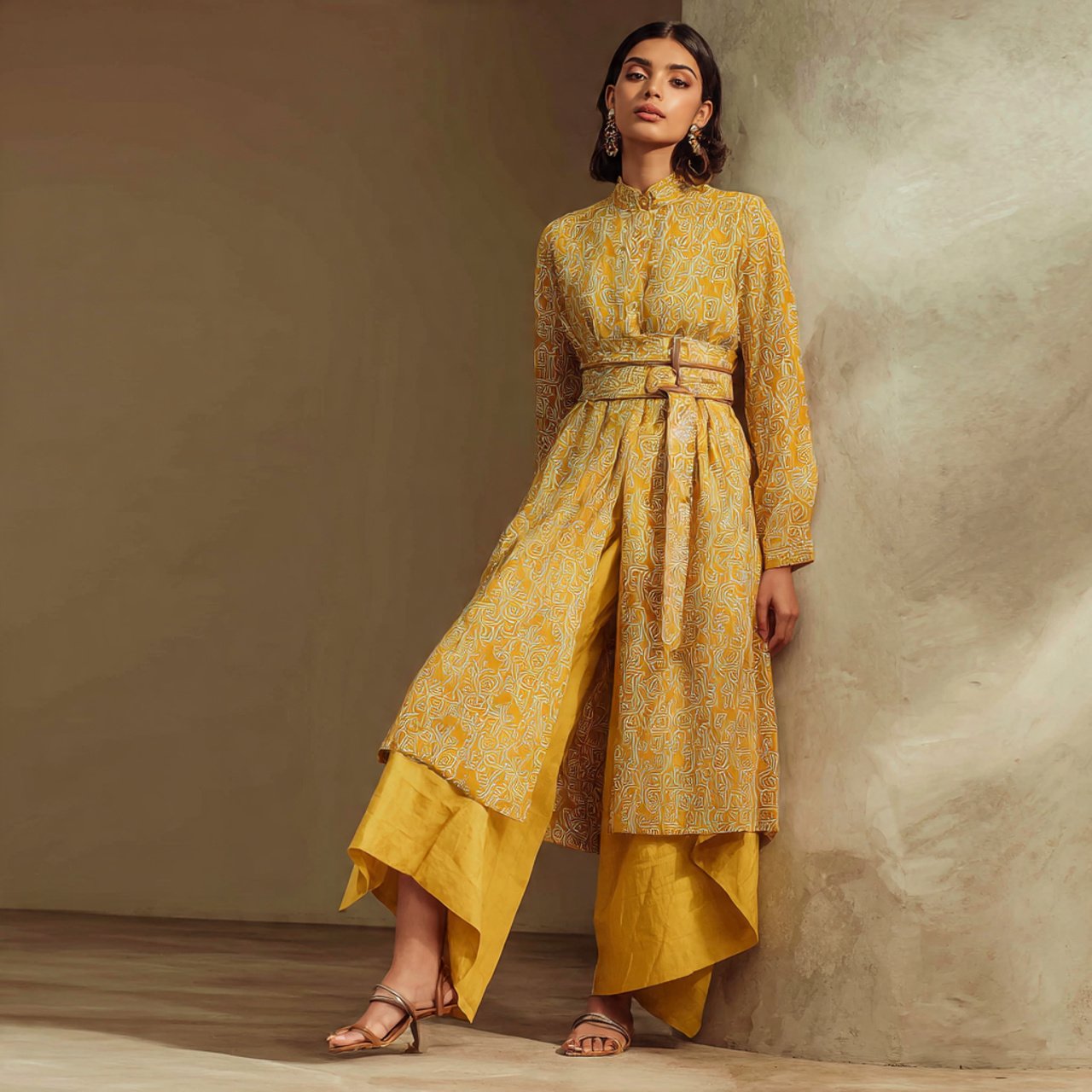 belted kurta with wide leg trouserslatest indo wes