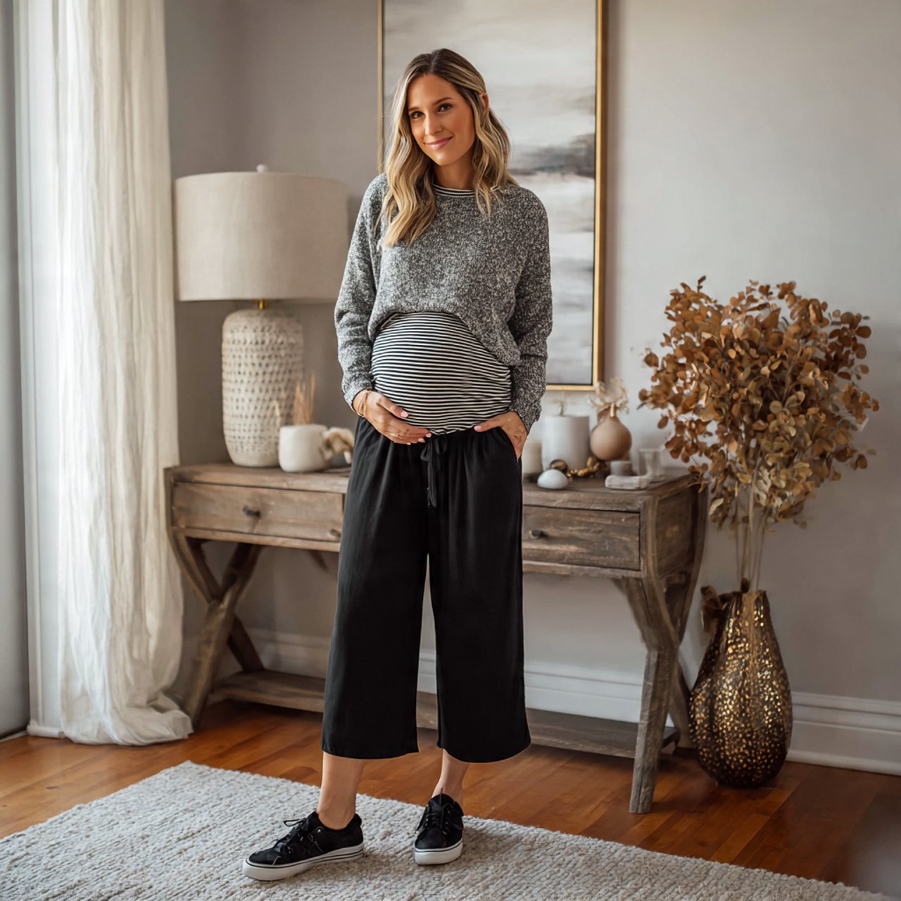 black maternity trousers with a striped knit topca