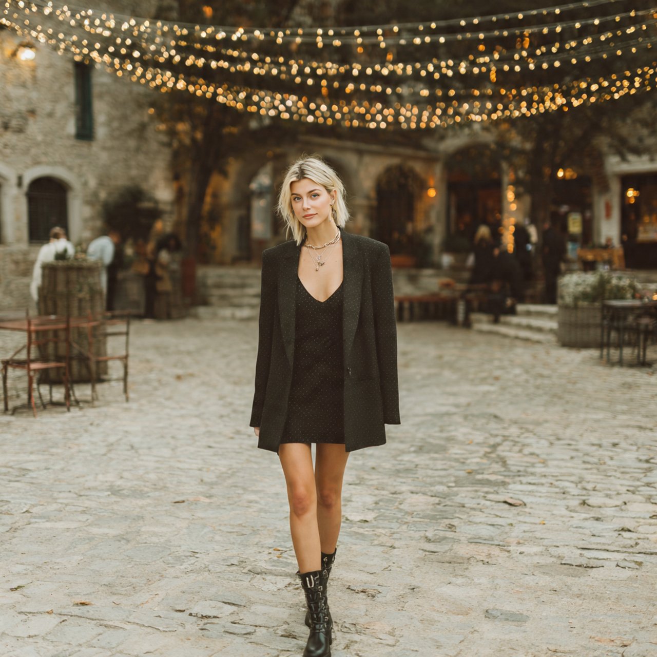 black slip dress with oversized blazerwestern outf