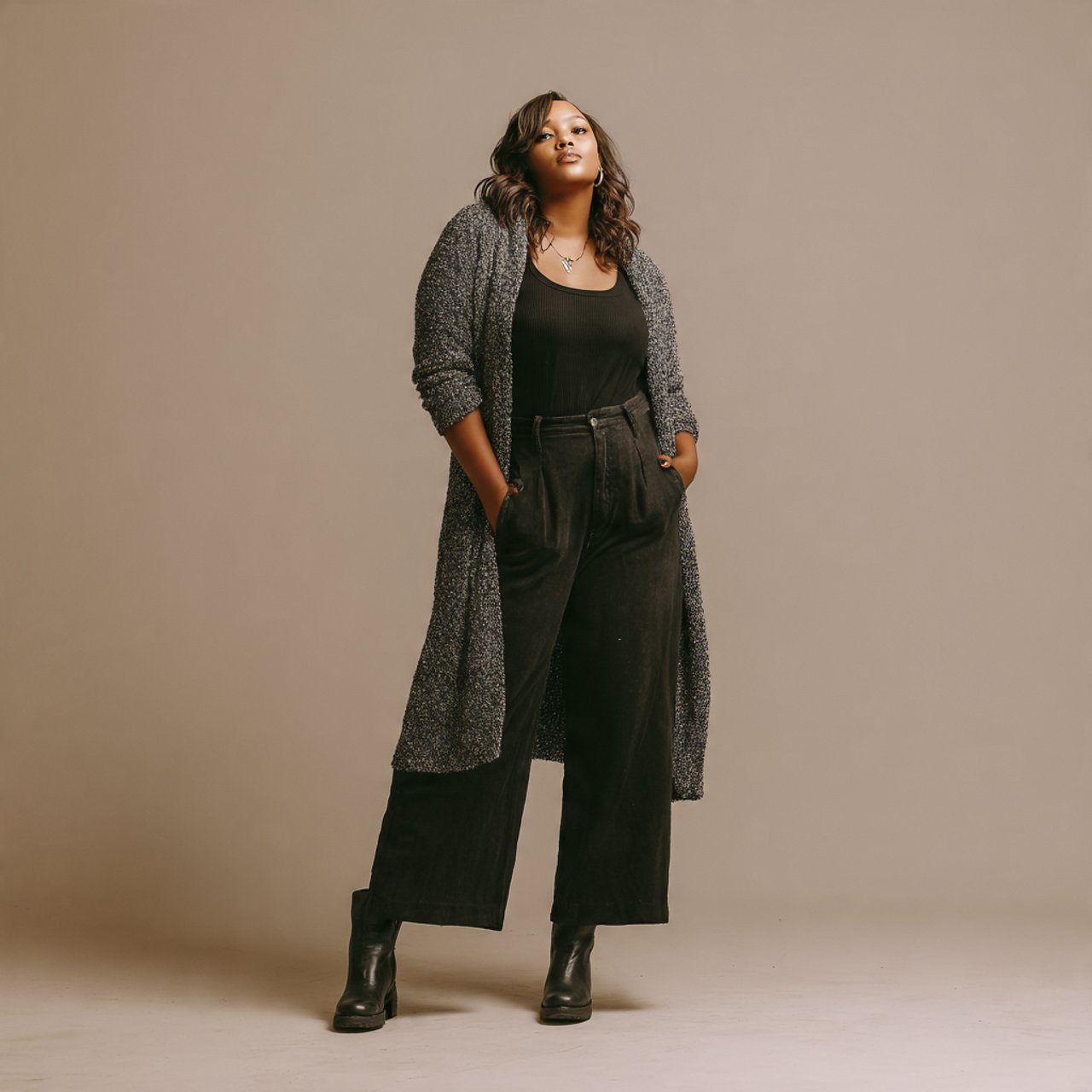 black tank longline cardigan and bootcut trousersw