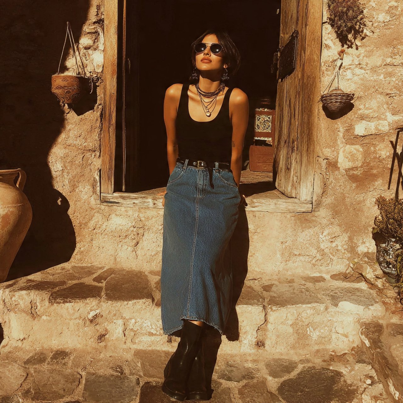 black tank with denim maxi skirtwestern outfits wo