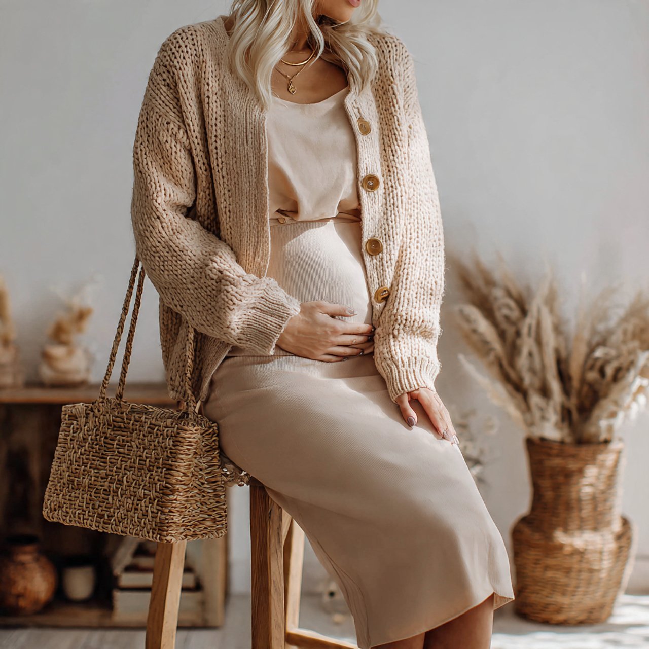 Cute Pregnancy Outfits: 17 Stylish Looks That Feel Comfortable, Flattering, and Easy to Wear 13 cardigan set with fitted midi skirtcute pregnancy
