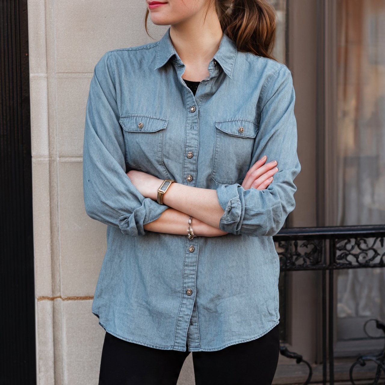 chambray shirt with black leggingscomfy spring out