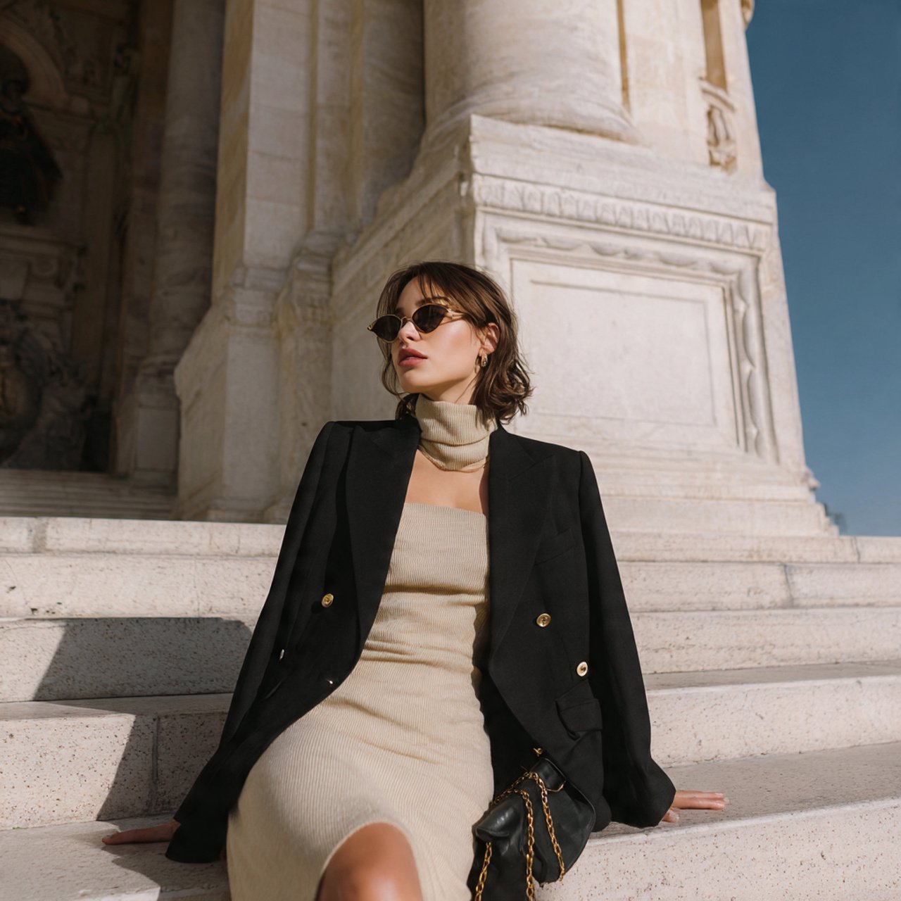 column dress with an oversized blazerdate night ou