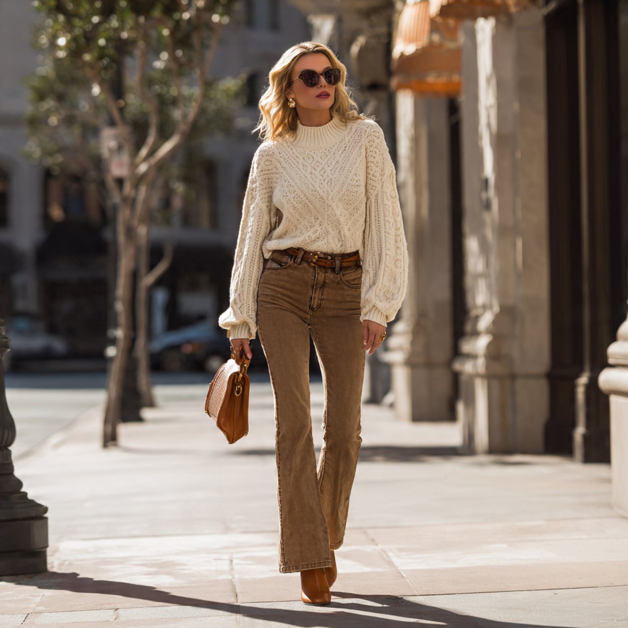 cream knit and dark flared jeanswestern outfits wo