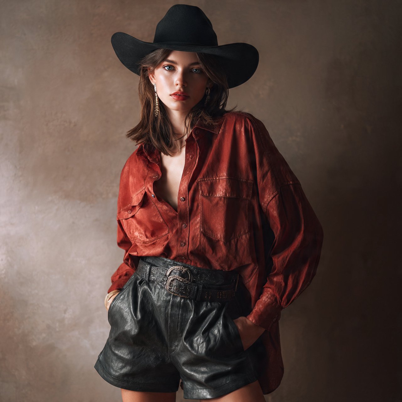 create a woman image leather shorts with oversized