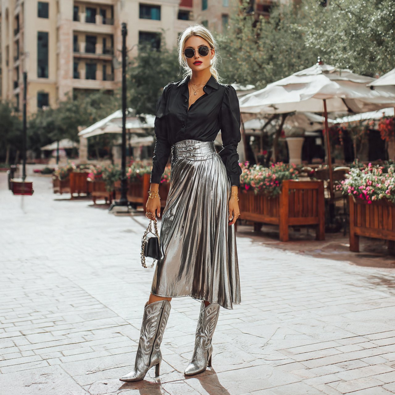 create a woman image metallic midi skirt with west