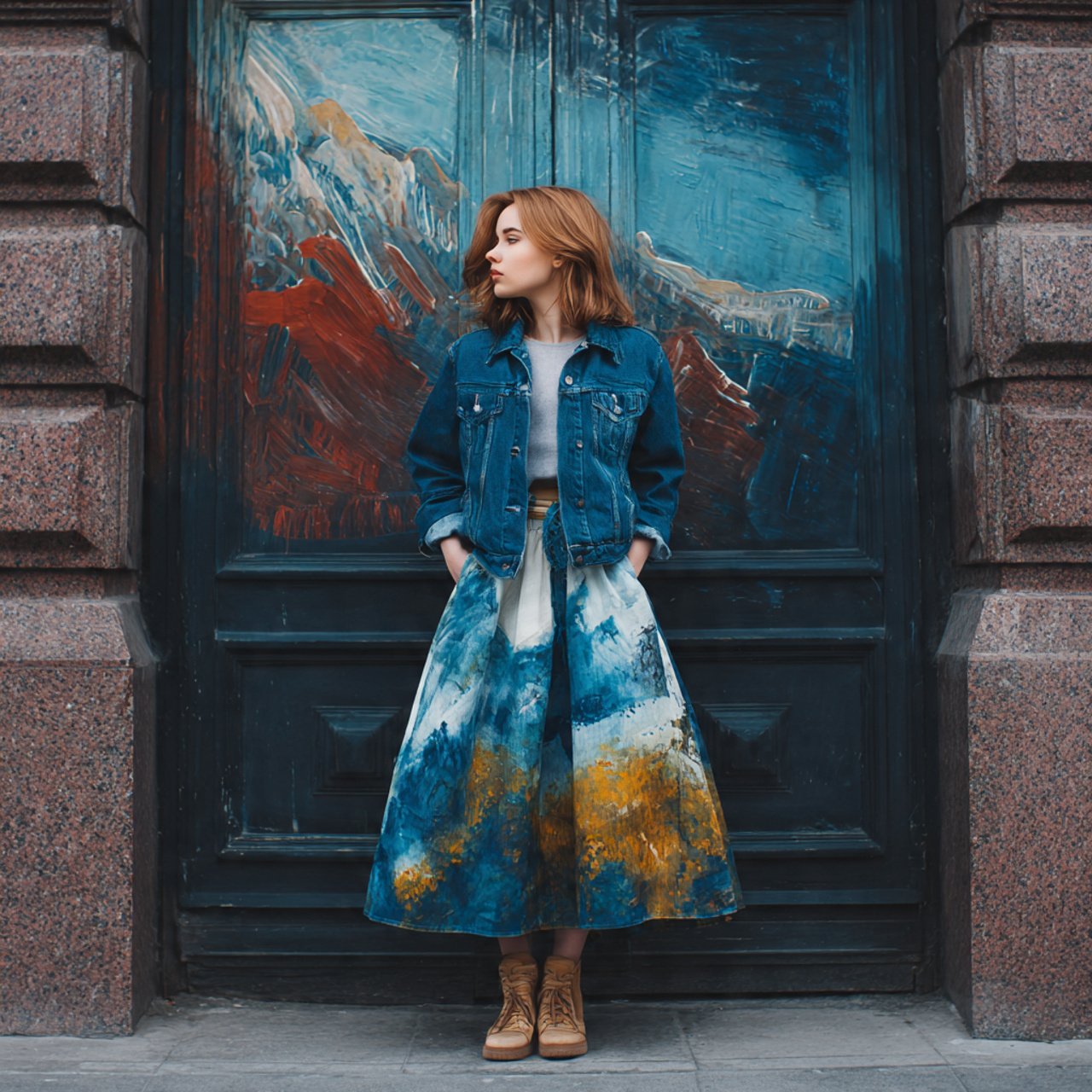 create a woman image printed midi skirt with denim