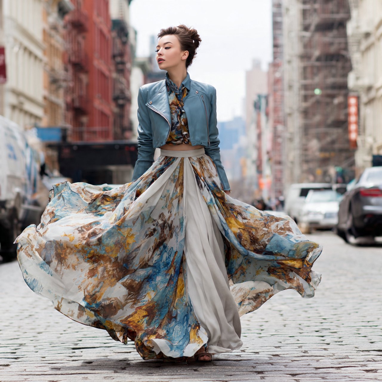 create a woman image wearing cropped jacket with a