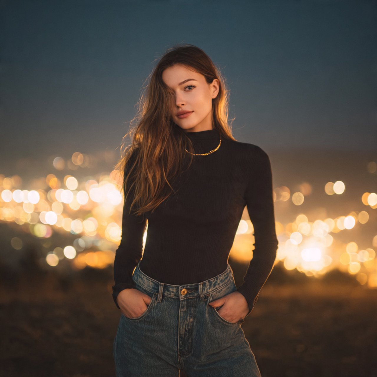 create a woman image wearing dark flare jeans and