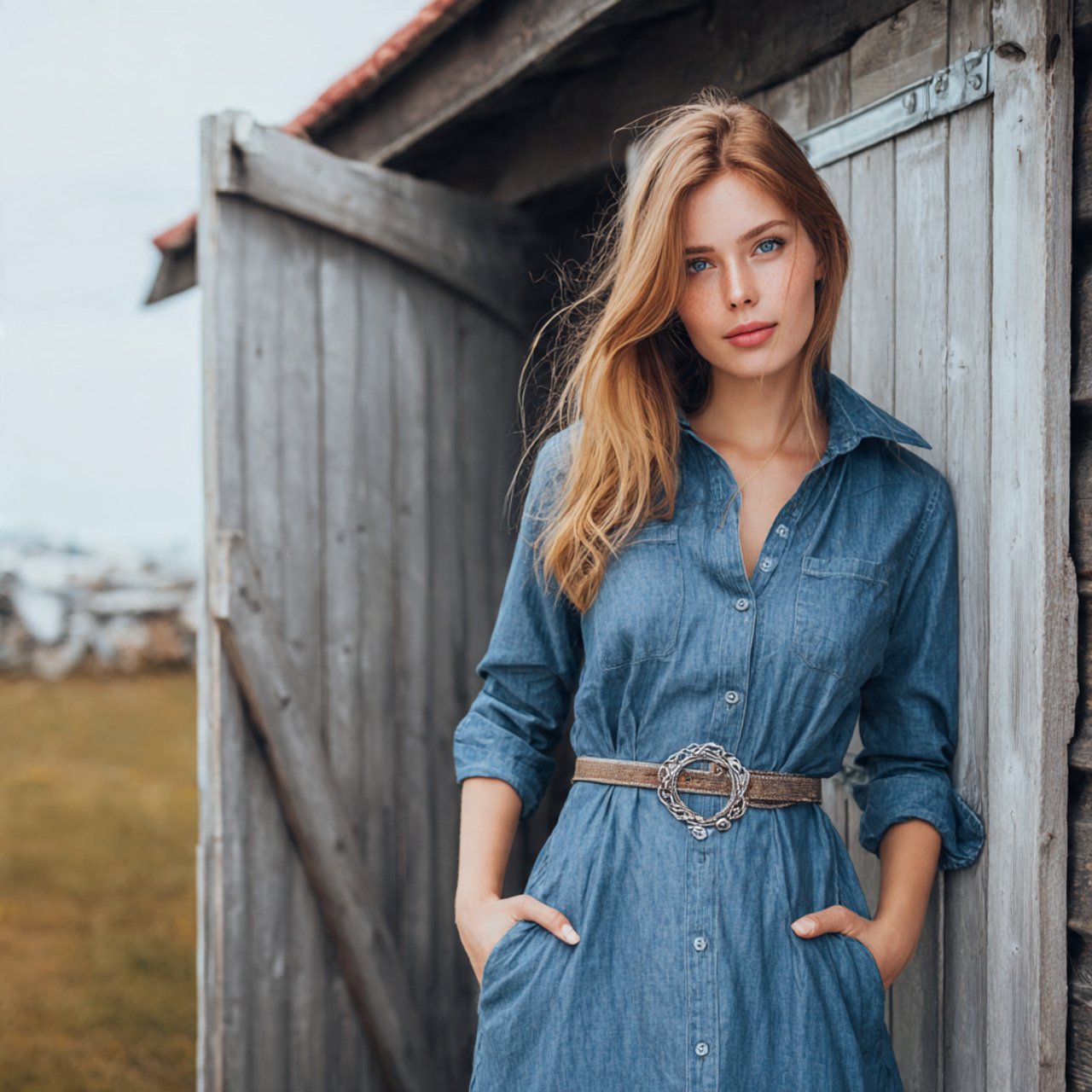 create a woman image wearing denim shirt dress wit