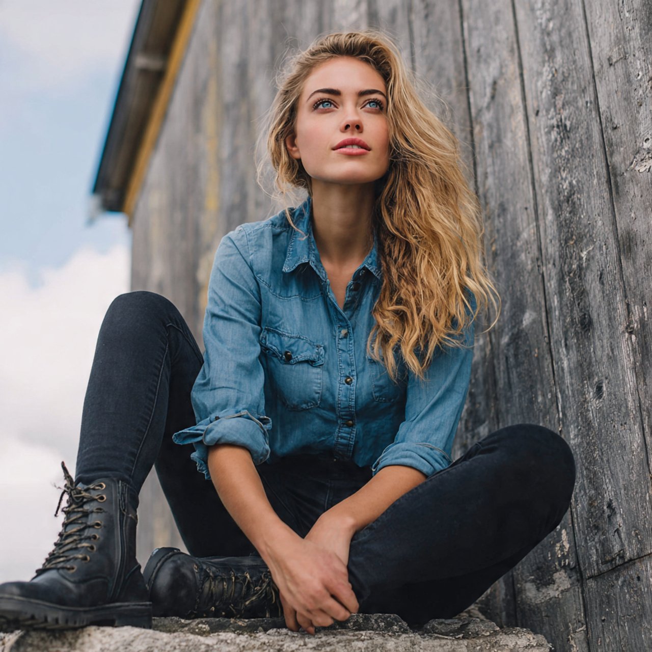 create a woman image wearing denim shirt with blac