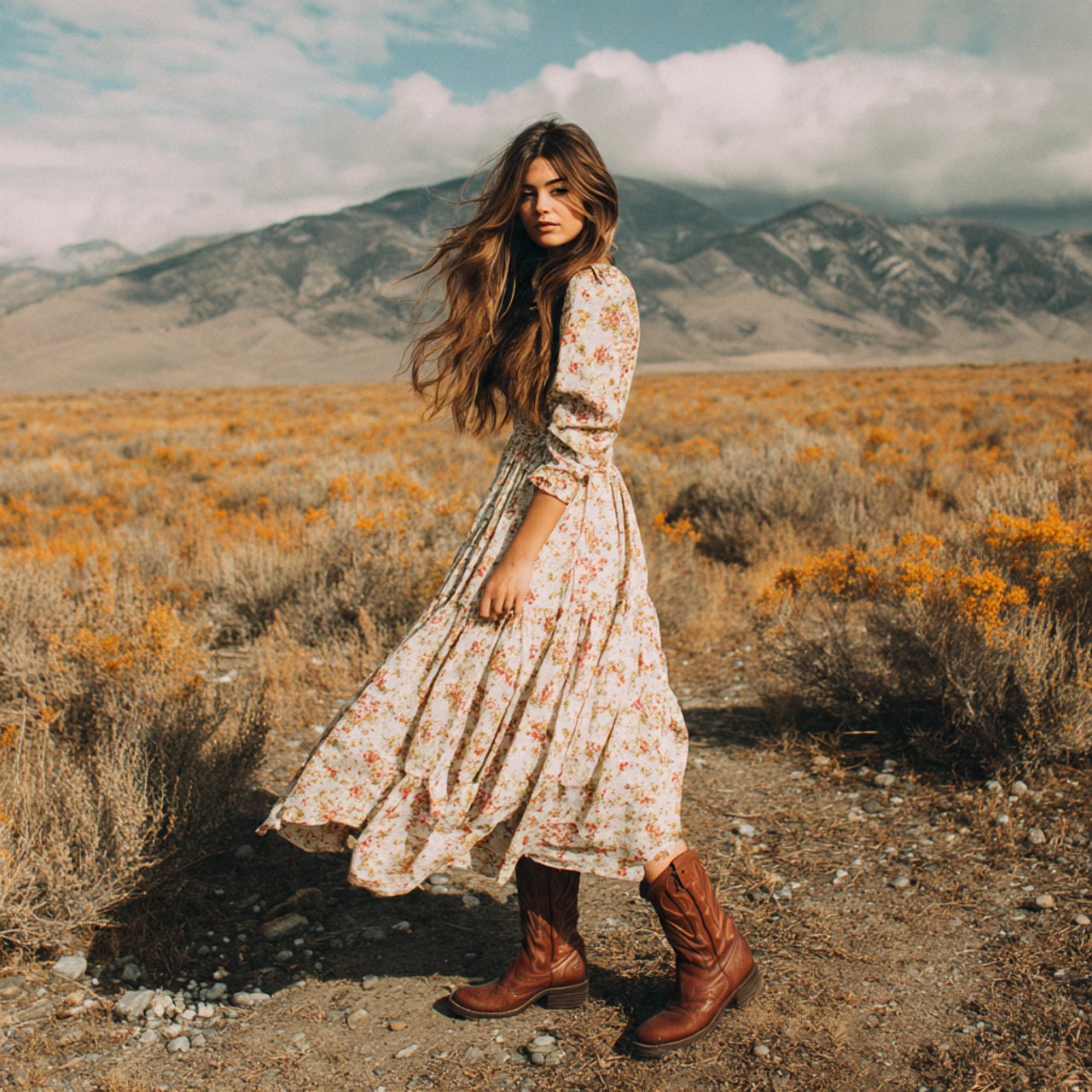 create a woman image wearing flowy floral midi dre