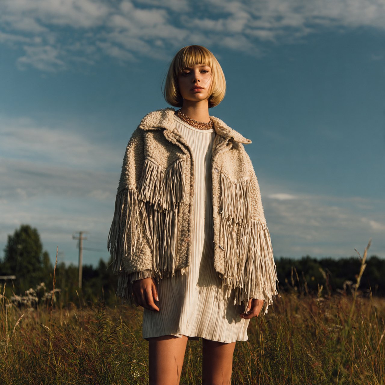 create a woman image wearing fringe jacket over a