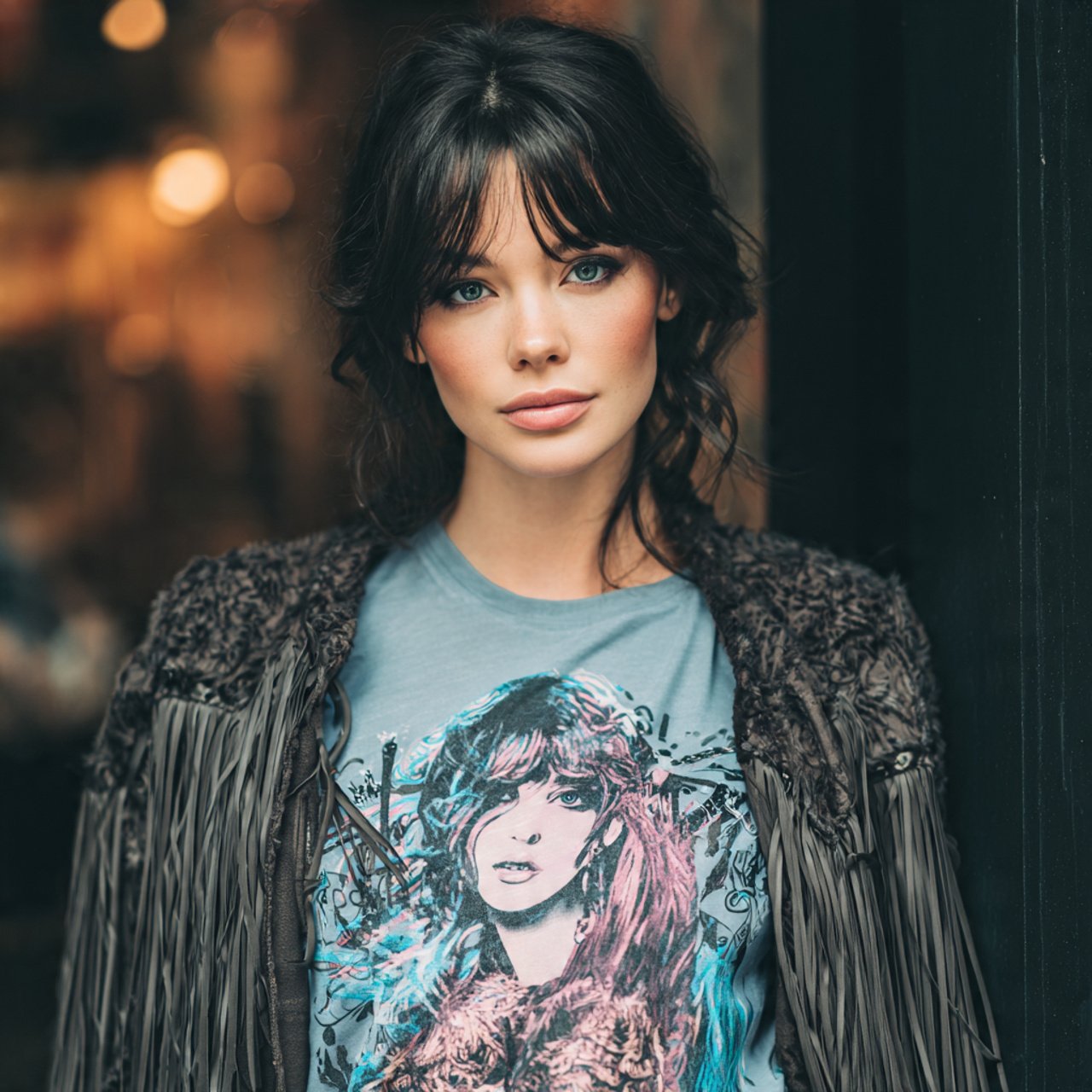 create a woman image wearing graphic tee with a fr