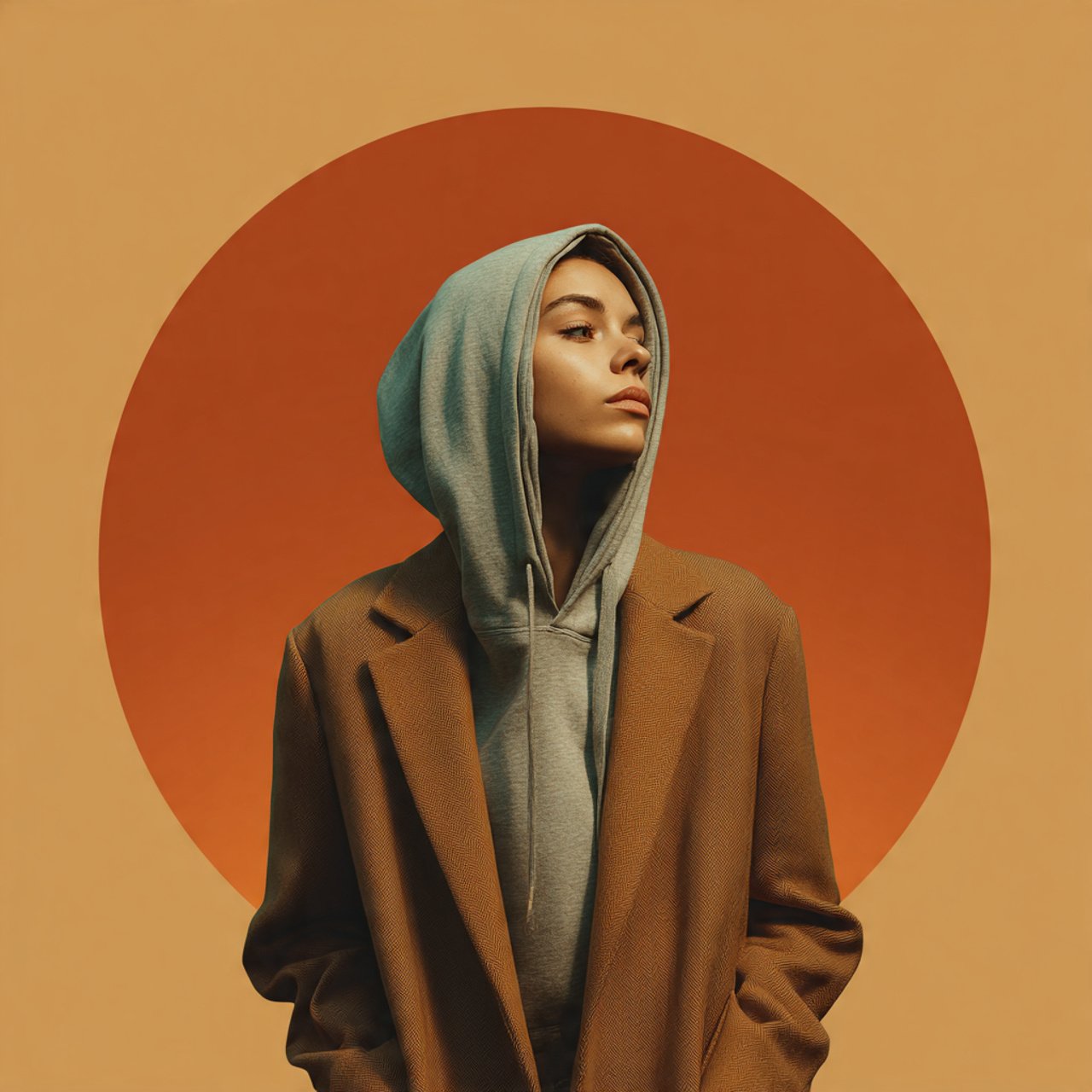 create a woman image wearing hoodie under a tailor 1