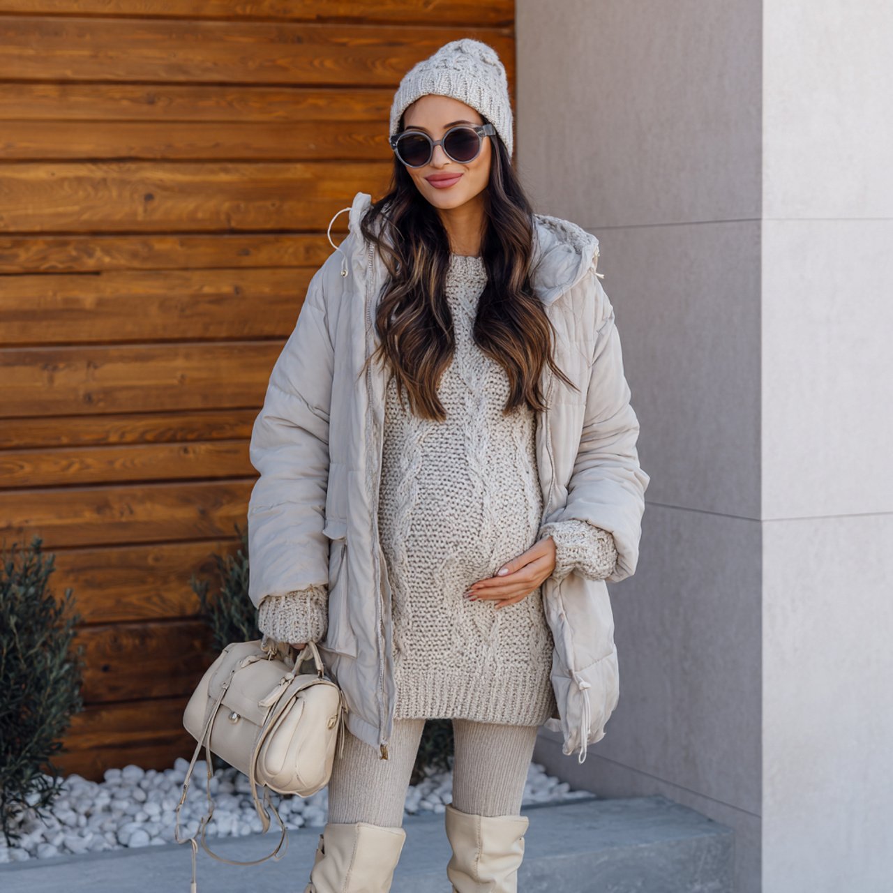 Pregnancy Outfits Winter: 16 Stylish and Practical Looks for Cold-Weather Comfort 3 create a woman image wearing monochrome knit set w