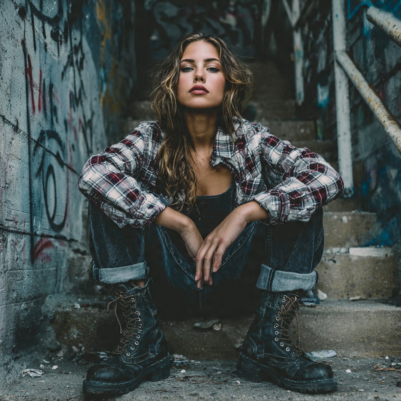 create a woman image wearing plaid shirt with dark