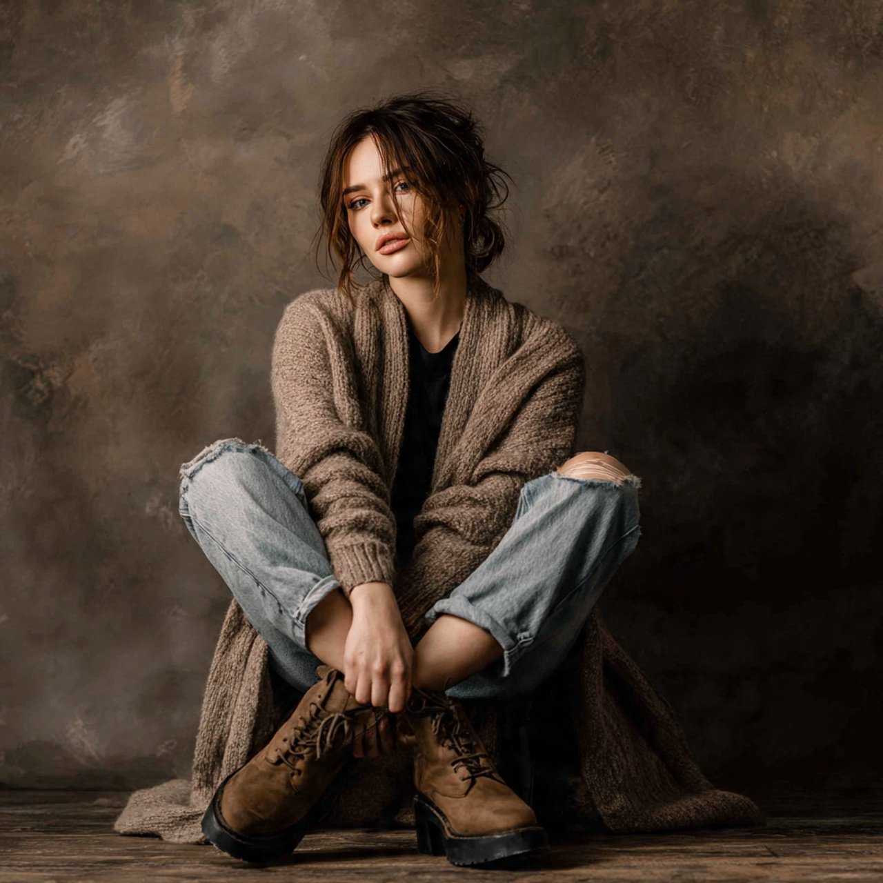 create a woman image wearing relaxed cardigan with