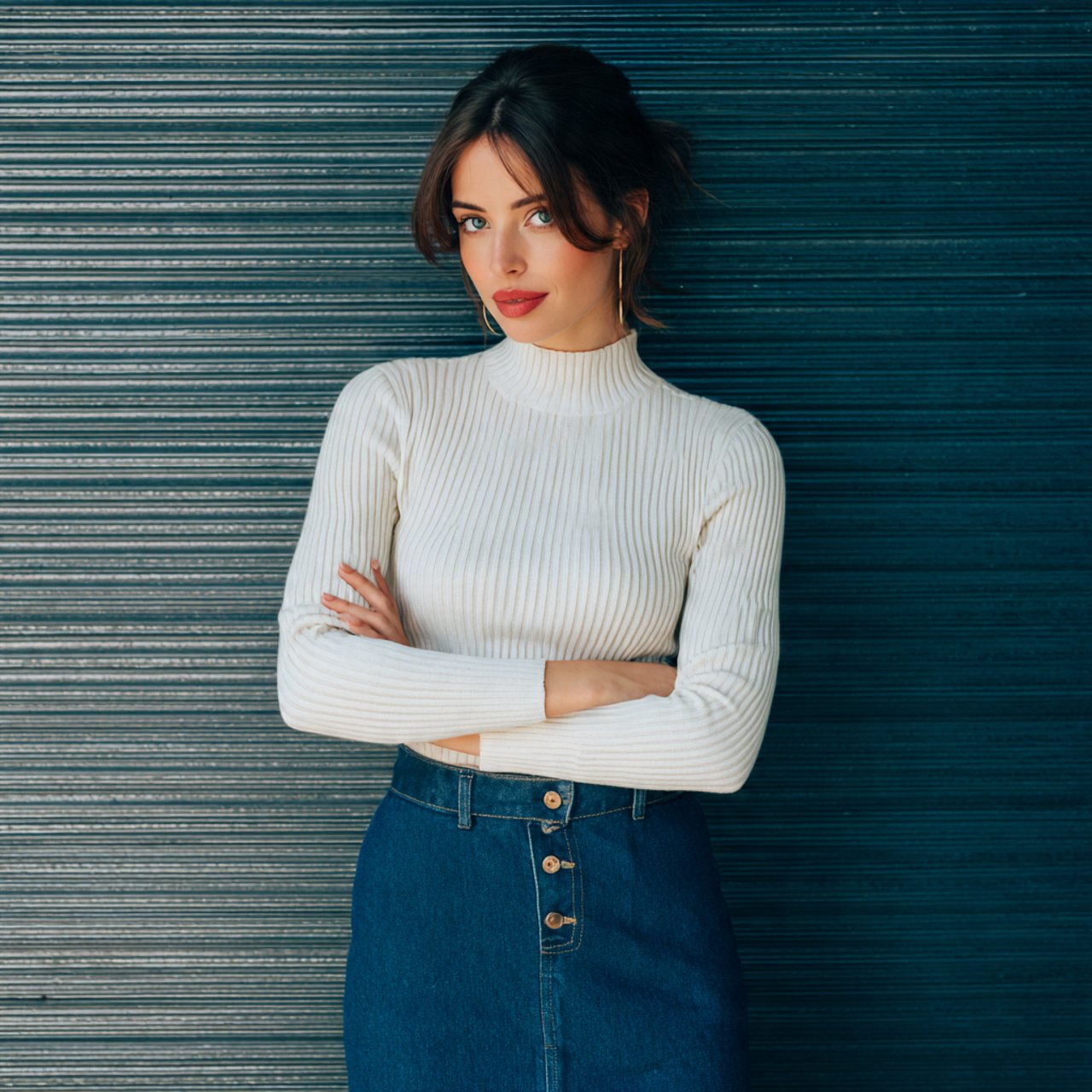 create a woman image wearing ribbed knit top with