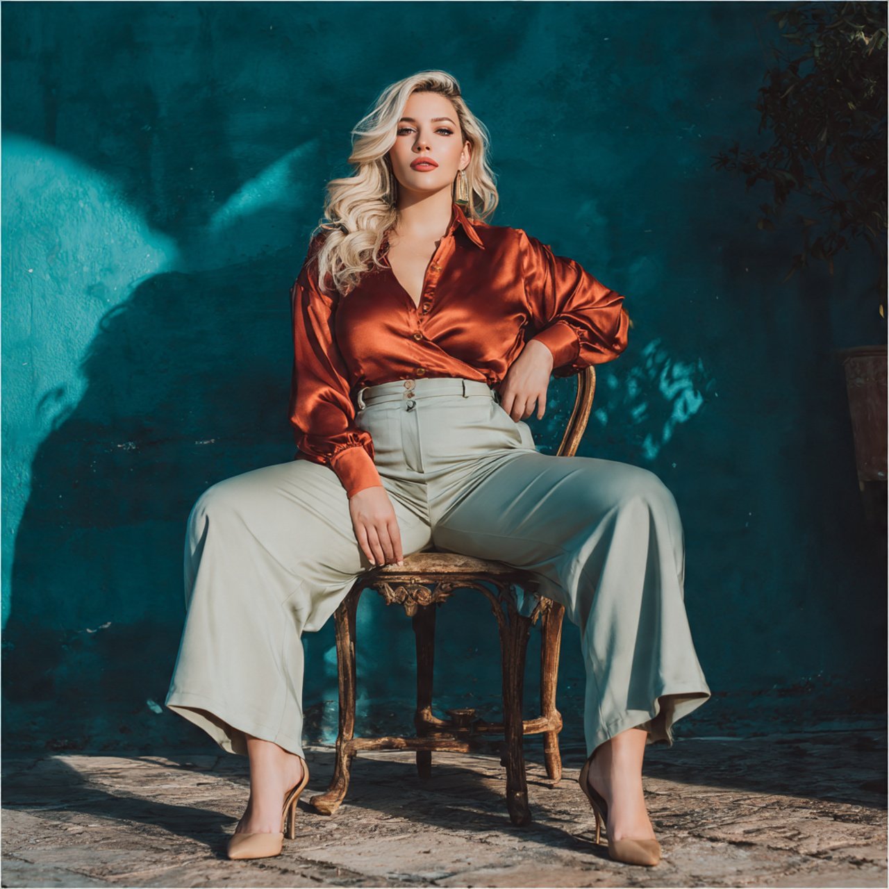 create a woman image wearing satin blouse with hig