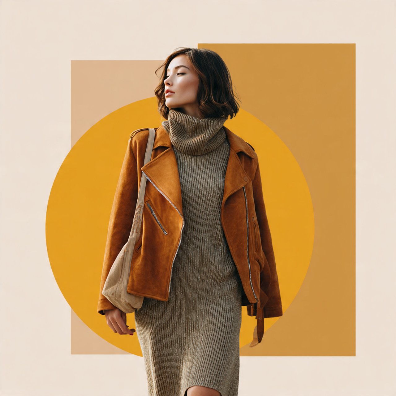 create a woman image wearing suede jacket over a k