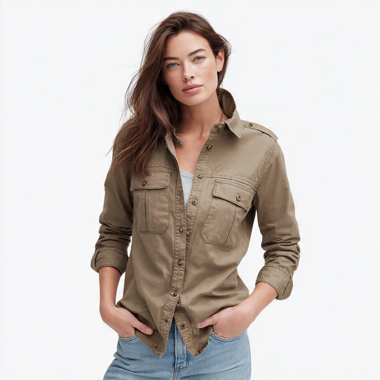 create a woman image wearing utility shirt jacket