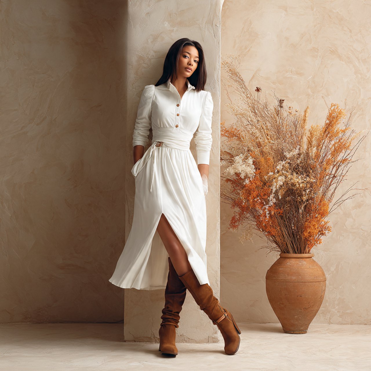 create a woman image wearing white midi dress and