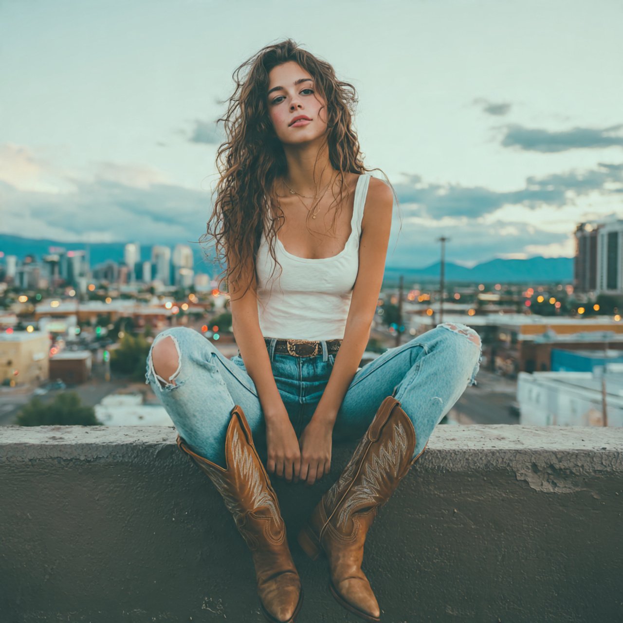 create a woman image wearing white tank high rise