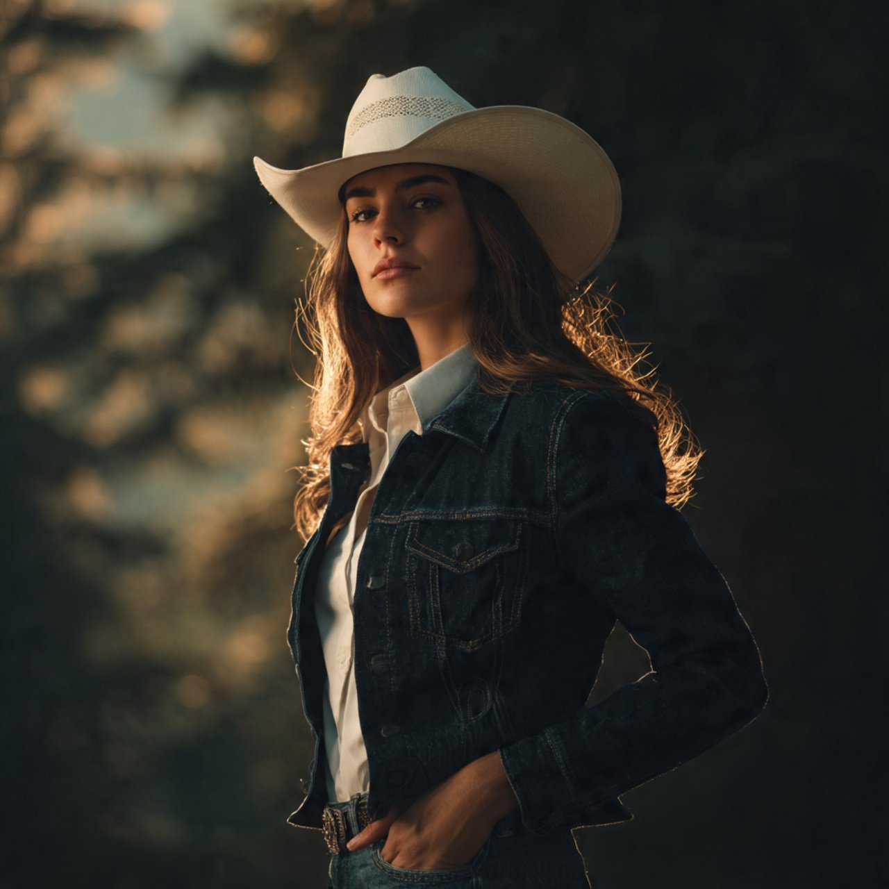 create a woman image wearingdark denim and white w