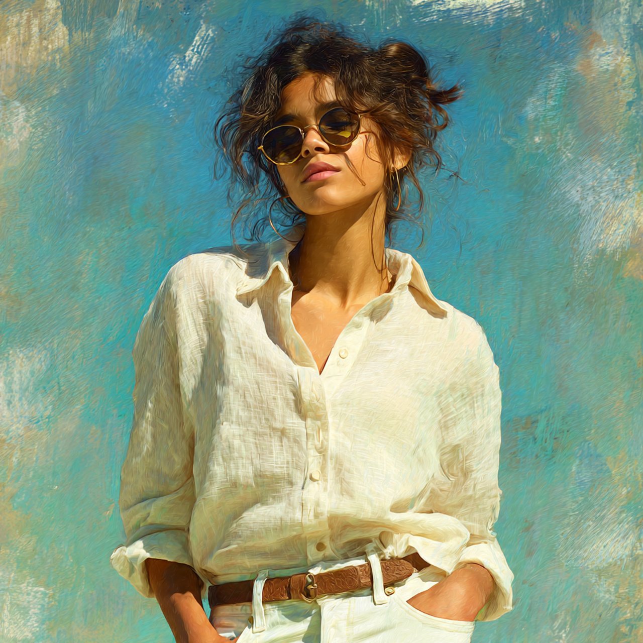 create a woman image wearinglinen shirt with white