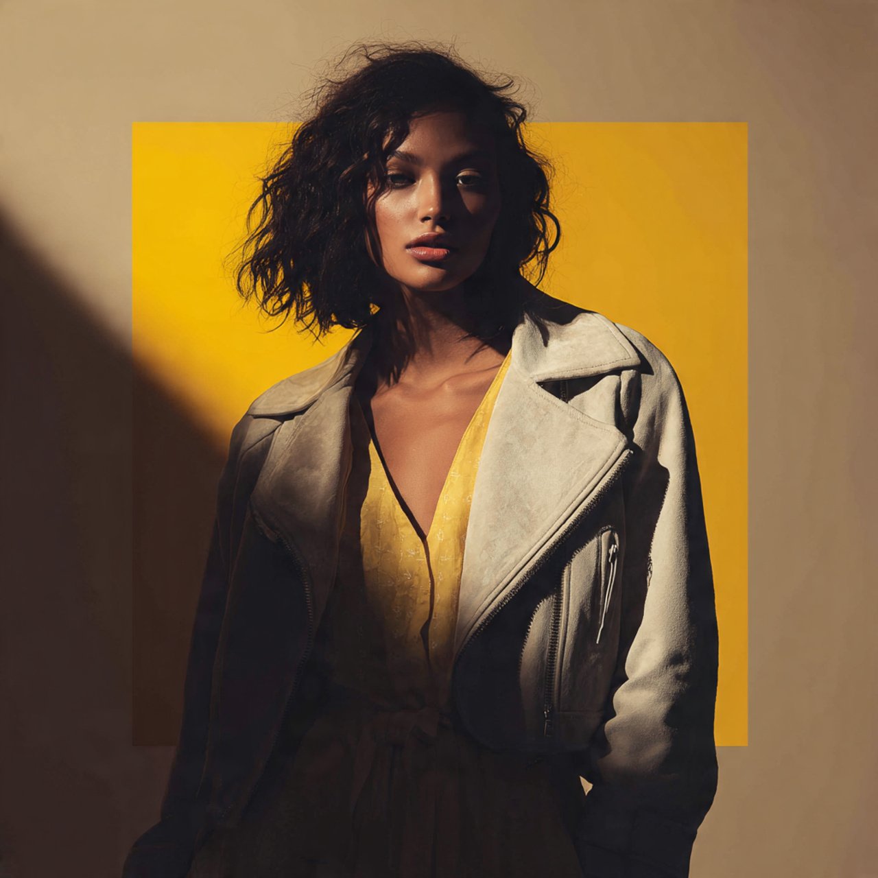 create a woman image wearingsuede jacket with neut