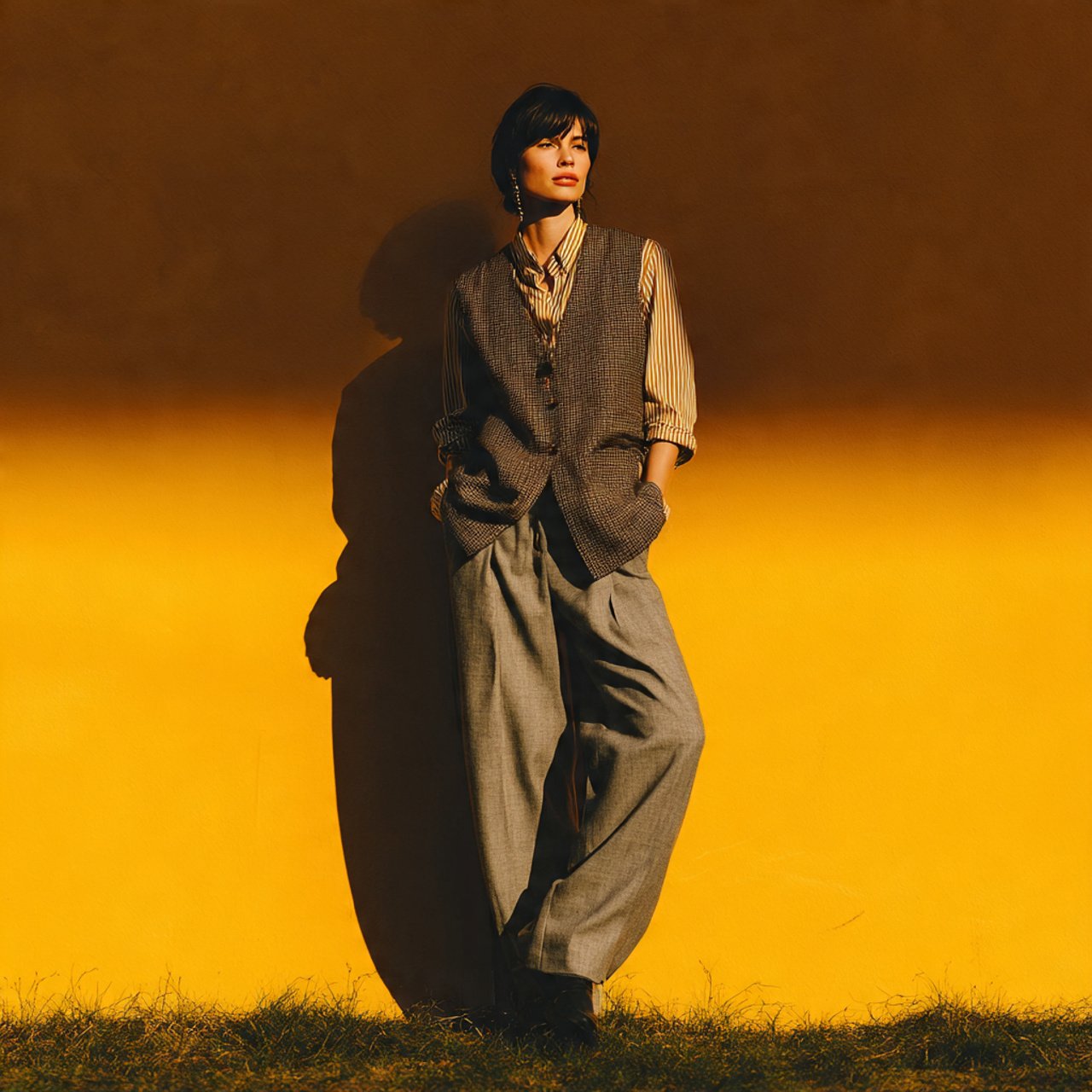 create a woman image wide leg trousers and fitted