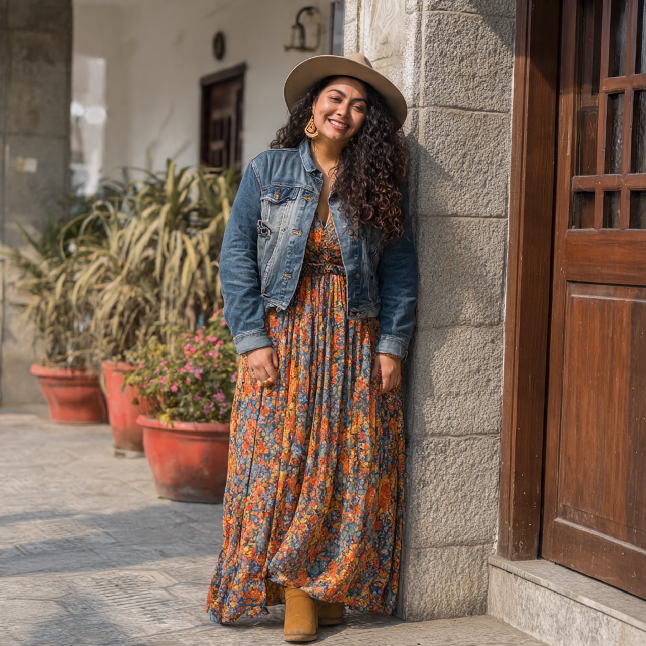 cropped denim jacket with floral maxi dresswestern