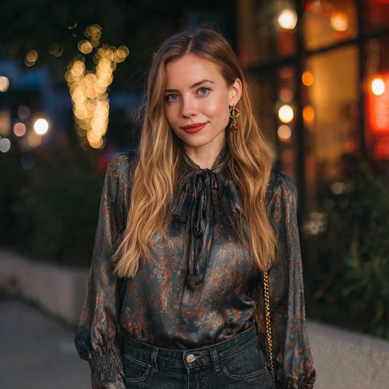 dark wash jeans with a silk blousedate night outfi