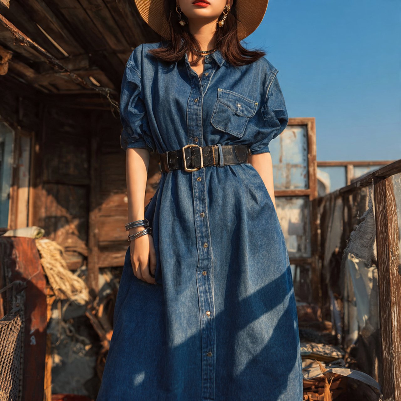 denim midi dress with beltwestern outfits women su