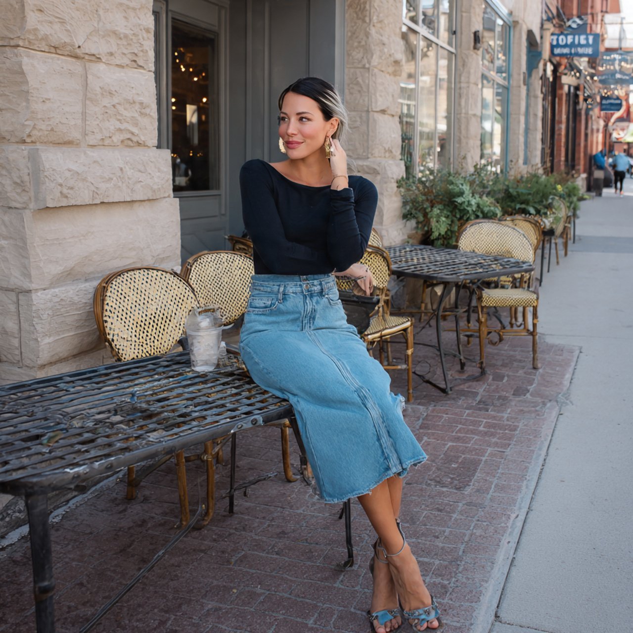 denim midi skirt with a fitted bodysuit date night
