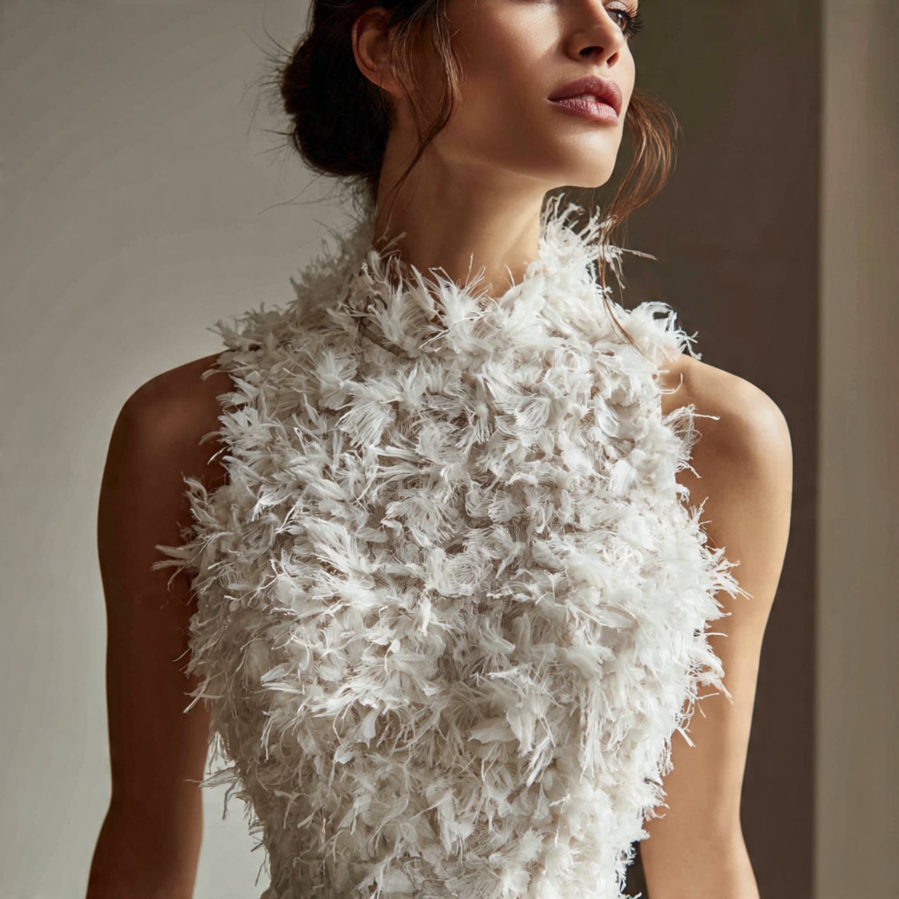feather trim dress with controlled drama in weddin