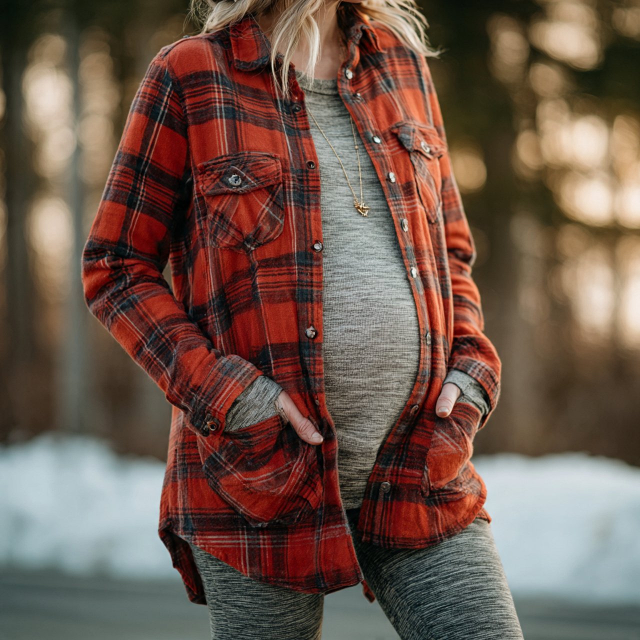 Pregnancy Outfits Winter: 16 Stylish and Practical Looks for Cold-Weather Comfort 11 flannel shirt jacket with stretch pantspregnancy o
