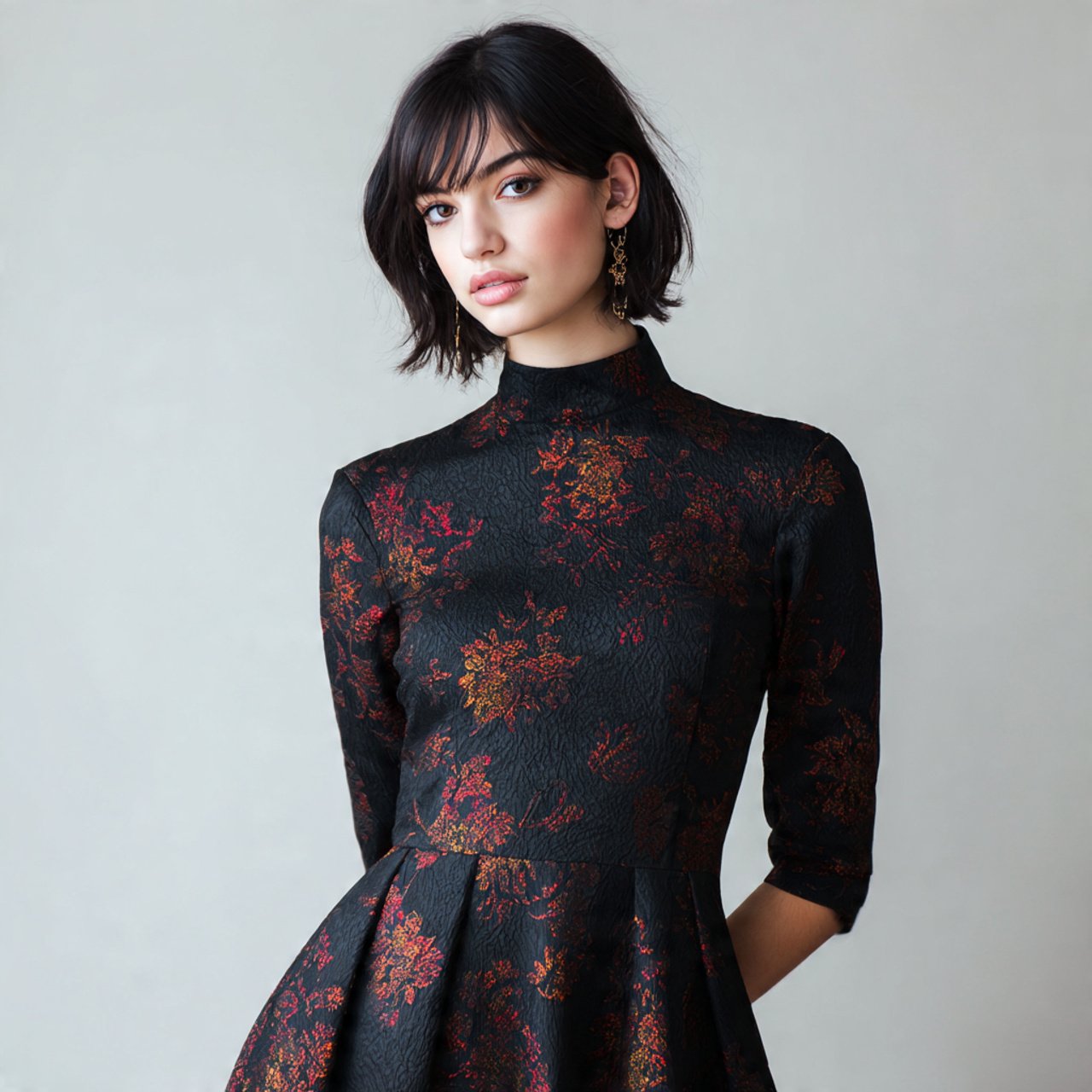 floral jacquard dress with texture in black colour