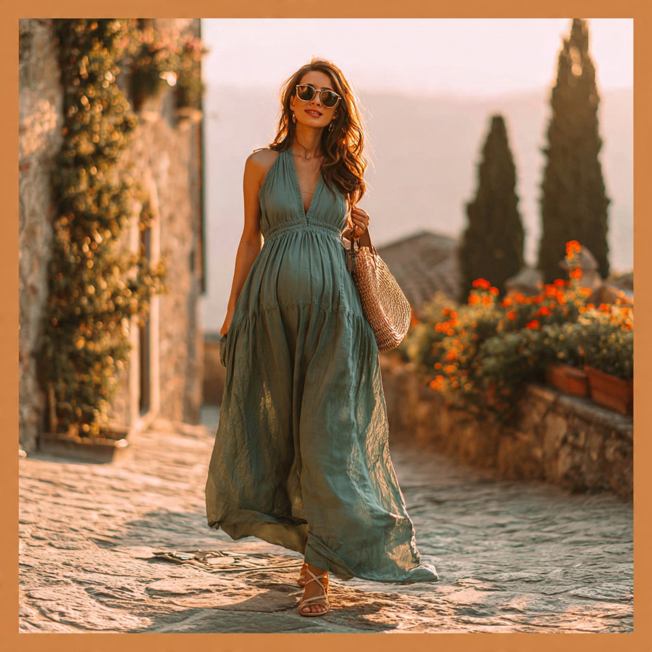flowy maxi dress with strappy sandalspregnancy out