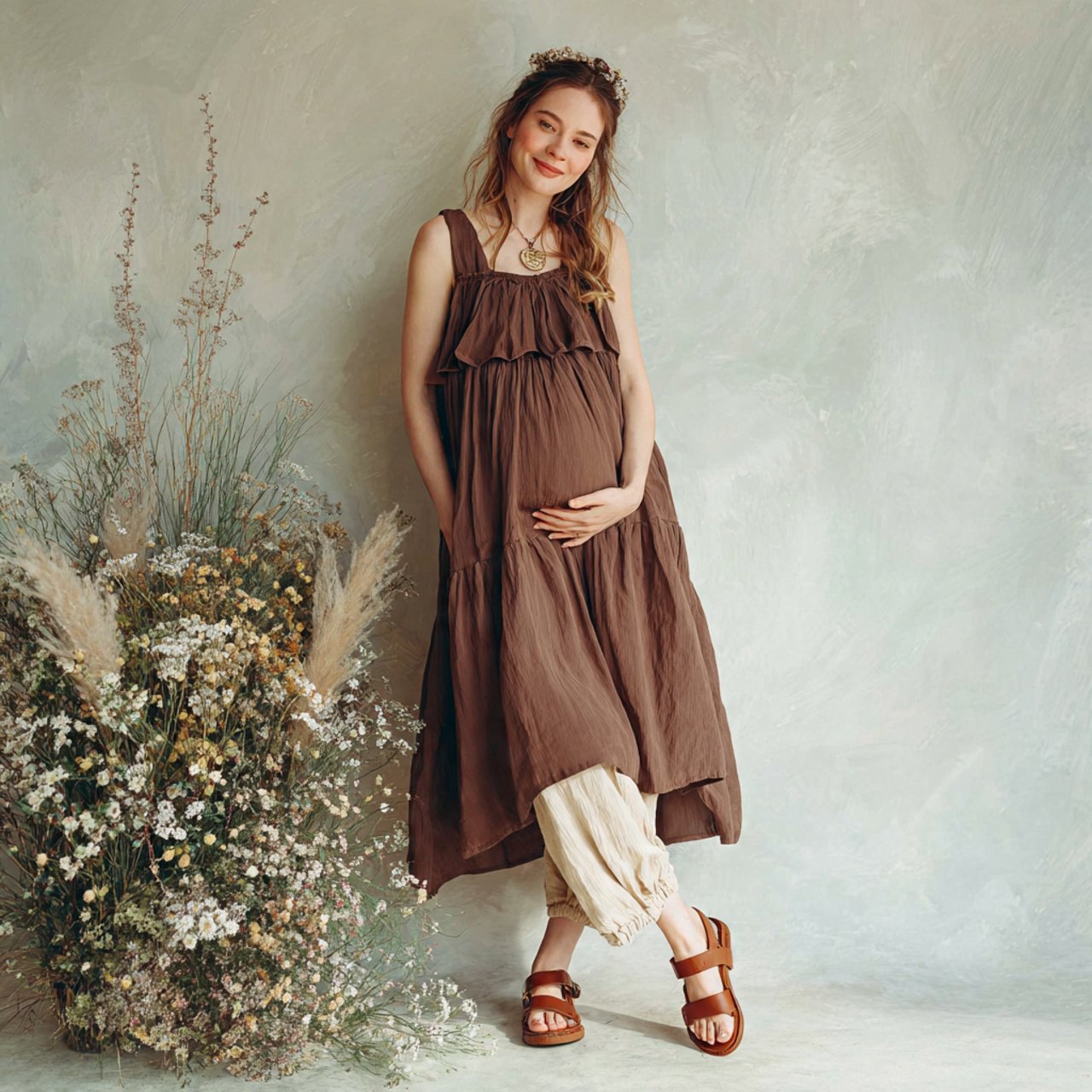 gauze two piece set with leather sandalspregnancy