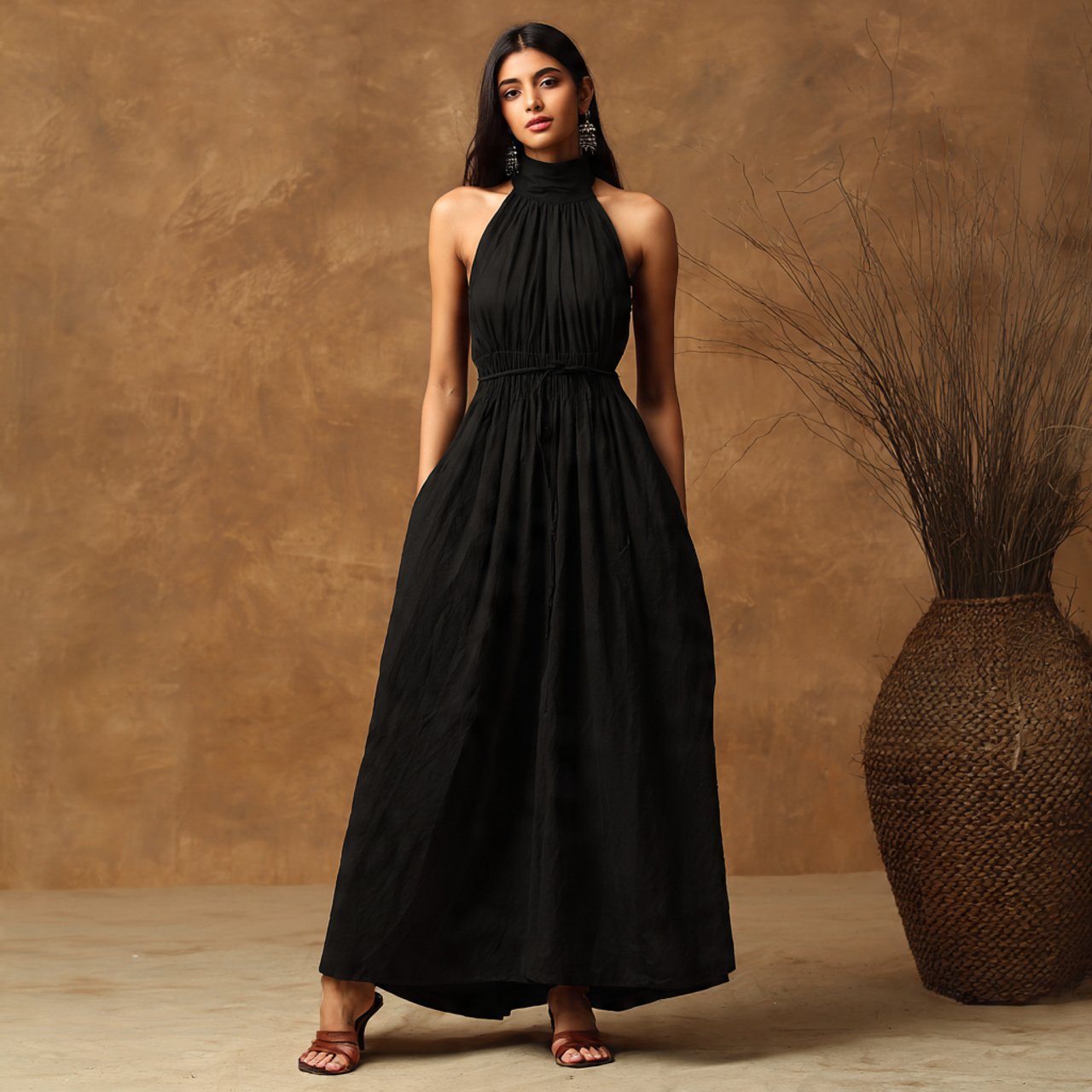 halter neck maxi with bare shouldersin black colou