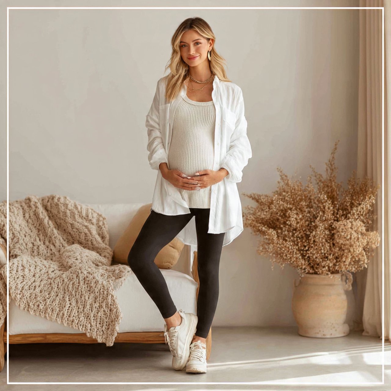 leggings with an oversized white shirt and knit ta