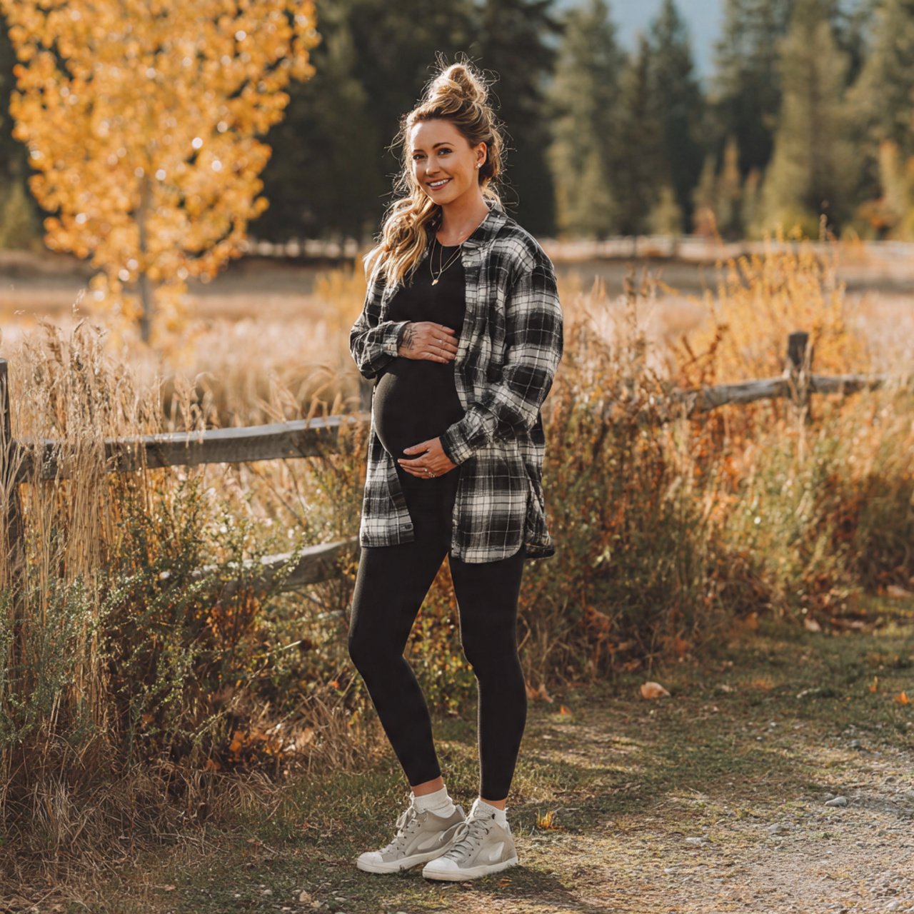 Cute Pregnancy Outfits: 17 Stylish Looks That Feel Comfortable, Flattering, and Easy to Wear 7 leggings with longline tee and open shirtcute preg
