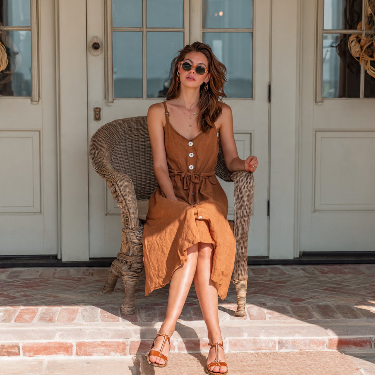 linen button front dress with flat sandalswestern